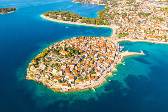 Aerial view of the historic peninsula of Primo&scaron;ten surrounded by crystal-clear Adriatic water