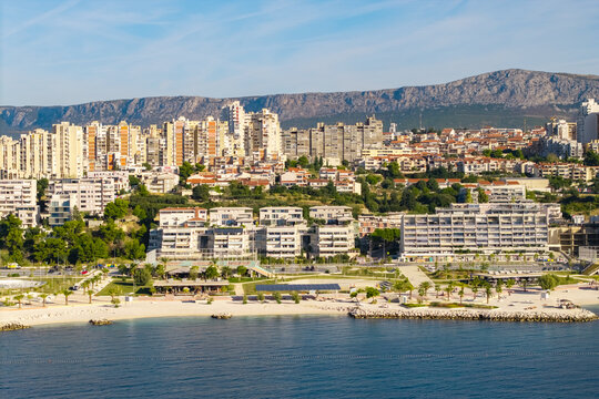Aerial view of Žnjan beach and the eastern waterfront of Split, Croatia, with Adriatic Sea