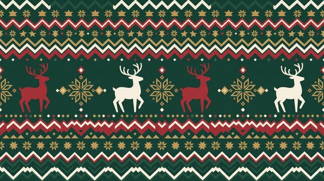 Green Christmas seamless pattern with red and white reindeer silhouettes, snowflakes, and geometric zigzags