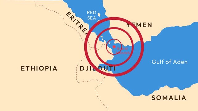 Bab el mandeb strait map with digital radar animation overlay loop