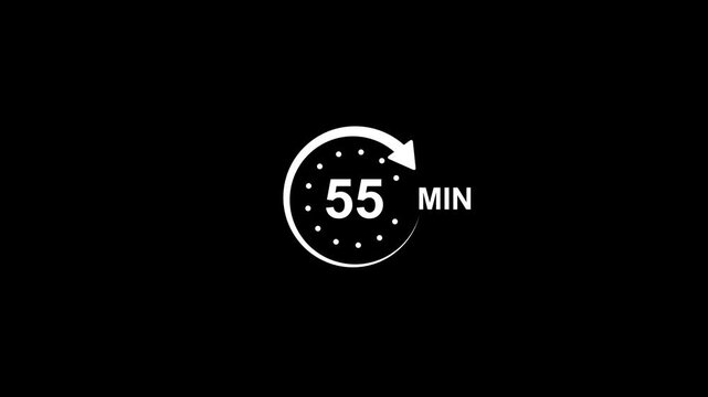 Timer 55 minutes clock symbol white animation minimalist on a black background. 55 Min clock icon animation, A white circular timer icon with a clockwise arrow, 4k quality animation video