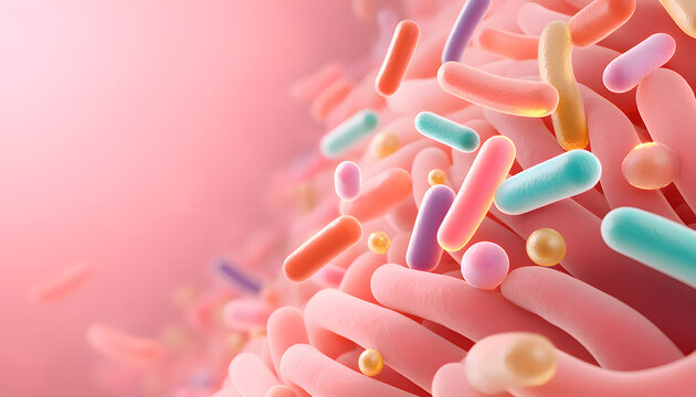 Gut microbiome bacteria among intestinal villi 3D illustration