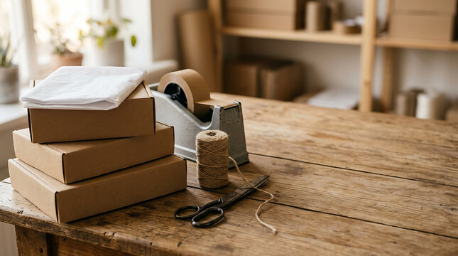 Kraft mailer boxes, tissue paper, tape and twine on a packing bench