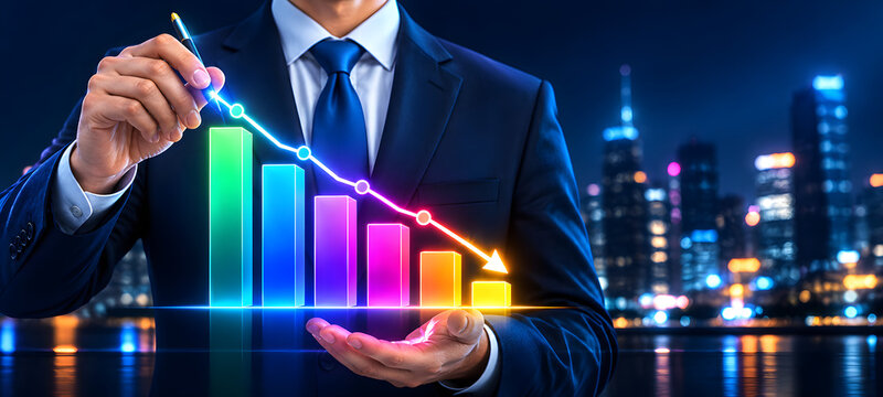Businessman Holding Falling Financial Bar Graph Arrow, Crisis Management, Economic Decline, and Loss Analysis Concept   