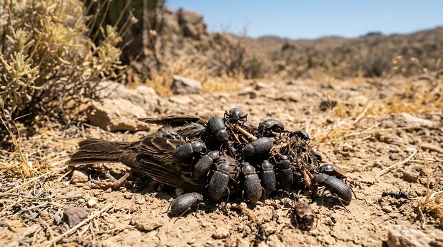 Groupscavenger insects consuming the remainsa deceased fledgling fallen from an avian habitat located within an arid desert wilderness landscape insect beetle darkling scavenging feeding