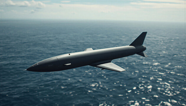 Military cruise missile flying over the open ocean on a clear day with guided weapon