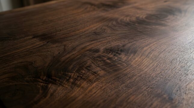 Dark walnut wood grain texture with rich deep brown tones and elegant natural swirls, premium wooden surface background