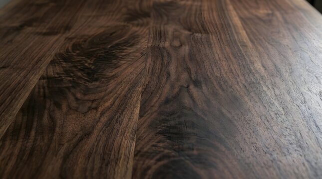 Close-up dark walnut timber grain with flowing natural lines, luxurious deep chocolate brown wood texture background