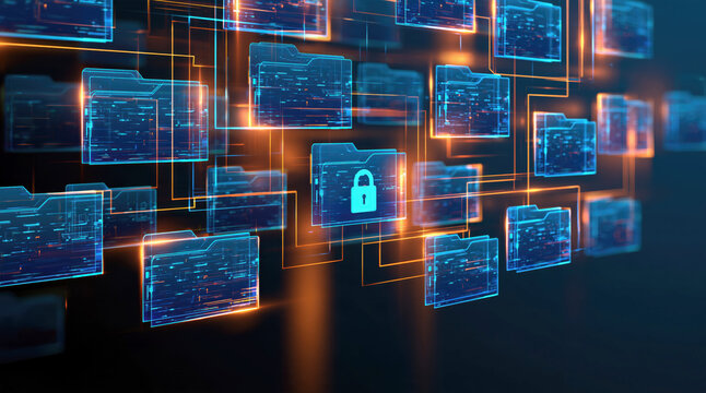 Locked data files and glowing network panels for cybersecurity concept with futuristic blue orange digital background