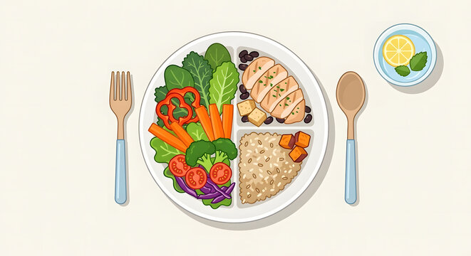 Balanced healthy meal plate vector illustration top view flat lay with vegetables, grilled chicken protein, brown rice, sweet potato, and fresh water