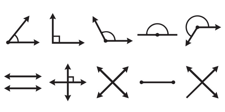 Set of geometric angles and lines vector illustration for educational math and science diagrams. collection of geometric angles and line types for educational diagrams