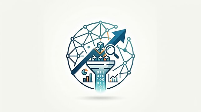 Modern minimalist data mining and digital information extraction graphic symbol on clean plain backdrop representing database analytics network algorithms and science data mining