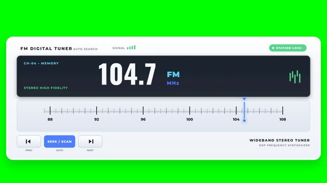 Modern FM Radio Digital Tuner UI Scanning Frequency Animation on Chroma Key Green Screen