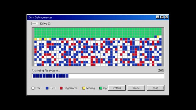 Retro disk defragmenter window animation on black background, vintage computer hard drive optimization with colorful blocks and progress bar, 90s interface