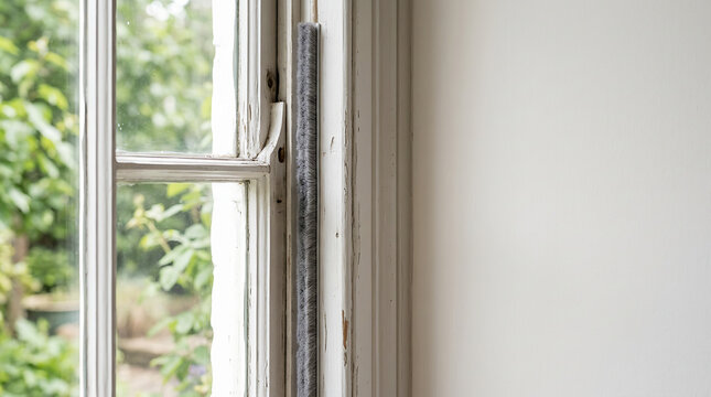 Old wooden sash window with new brush draught proofing strip fitted