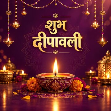 Diwali Festival Greeting Poster Featuring Traditional Oil Lamps, Golden Decorations, Floral Rangoli, Glowing Flame, Indian Festive Celebration and Shubh Deepawali Typography