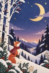 Naklejka premium Fox in snowy forest beneath golden crescent moon