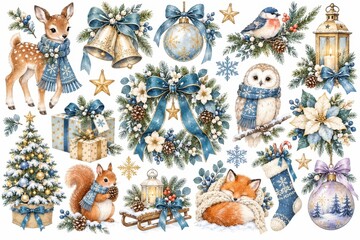 Naklejka premium Watercolor winter woodland animals, ornaments, gifts, greenery