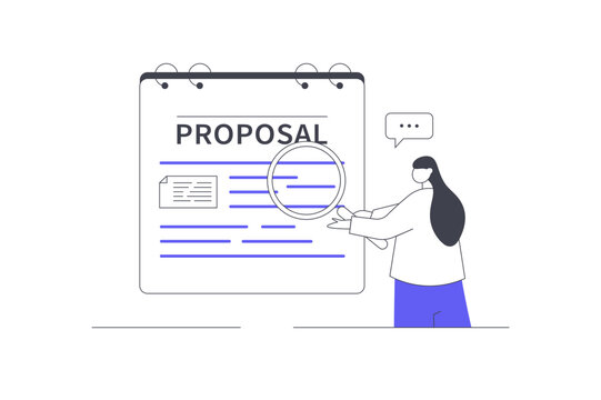 Project Proposal Review and Business Deal Document Audit. Female Specialist Examining Proposal Paper Board with Magnifying Glass. Flat Cartoon Vector Illustration, icon Stylish abstract design landing