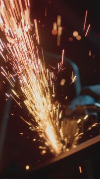 Welder at work in industry, cutting - slow motion. Lots of sparks in factory. Man cuts metal with a angle grinder. Male at a construction site cuts off a piece of metal, fiery sparks and particles fly