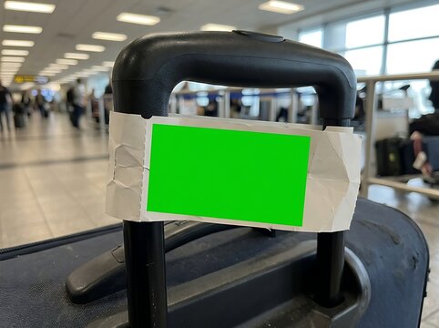 Blank green screen luggage tag mockup on airport suitcase handle for