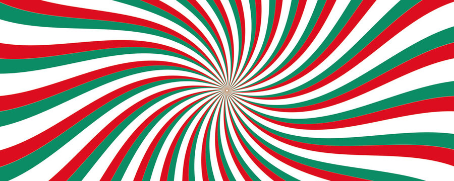 Red, green, and white spiral pattern, radial swirl background, with alternating curved, stripes radiating from, a central point