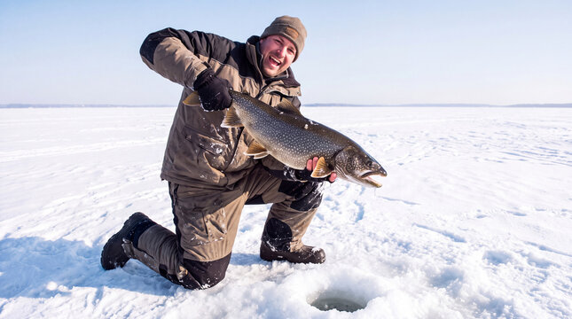 Happy Ice Fisherman Holding Large Lake Trout on Frozen Lake in Winter