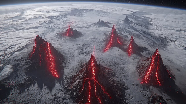 Volcanic mountain glowing lava dramatic landscape satellite view hyper realistic streaming live data topaz upscale eruption earth surface extreme terrain. Volcanic mountains with glowing lava