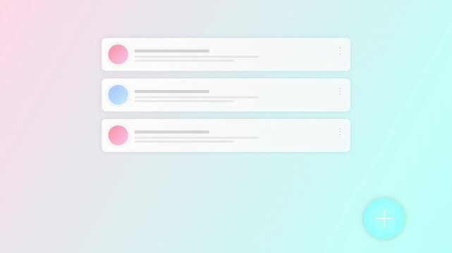 Minimalist Digital Interface Design Featuring Soft Gradient Background with Three Interactive List Items and Floating Action Button for Application