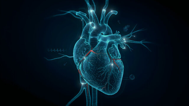 Human heart pacemaker implant 3d medical illustration glowing blue
