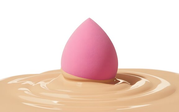 Vibrant pink cosmetic blender sponge dipped gracefully into smooth liquid nude foundation cream creating soft ripples against clean white background during professional makeup application process demo