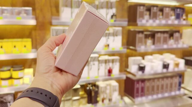 Perfume and Eau de Toilette Bottles on Display in Cosmetics Store &ndash; Fragrance Products on Shelf with Blurred Perfume Background