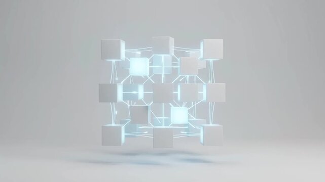 A single white cube splitting into multiple interconnected modular blocks, symbolizing microservices architecture, software SaaS development, distributed systems, scalable cloud backend infrastruce.