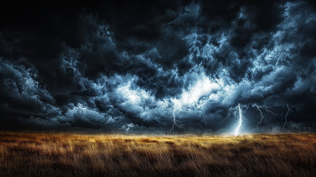 Dramatic thunderstorm sky dark clouds lightning bolts open grass field moody atmosphere hyper realistic nature power stormy weather landscape intense energy