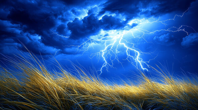 Dramatic thunderstorm with vivid lightning illuminates tall golden grass under dark blue sky, creating powerful and energetic natural landscape scene