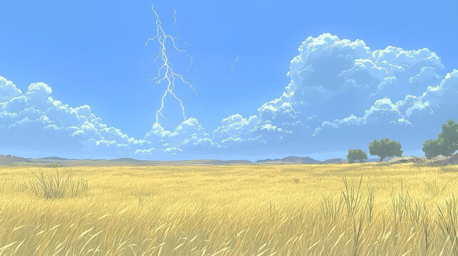 Hyper realistic thunderstorm lightning bolt open field golden grass dramatic sky fluffy cloud summer landscape nature peaceful countryside. bolt of lightning strikes under dramatic sky evoking awe
