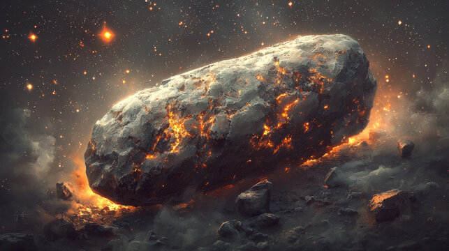 Fiery meteorite glowing rock cosmic debris outer space dramatic lighting smoke burning surface asteroid night sky fantasy atmosphere. hyper realistic scene of massive meteorite with glowing fiery