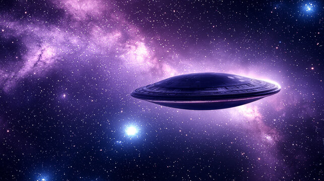 Futuristic alien spacecraft metallic disc glowing purple galaxy cosmic stars deep space mysterious atmosphere science fiction advanced technology interstellar travel surreal