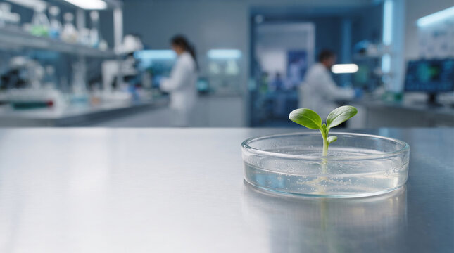 Scientists working in laboratory with plant growth experiment on petri dish