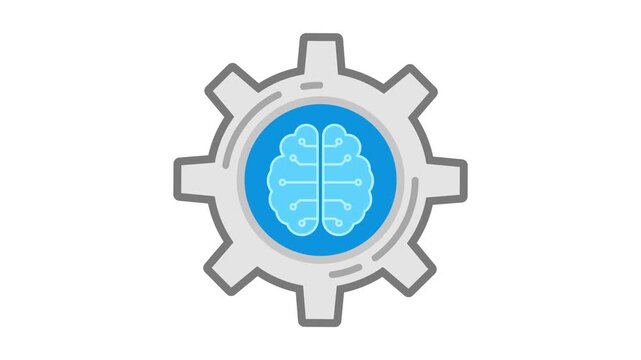Digital AI brain animated machine learning and technology icon with grey cogwheel rotating in 4k on white background.