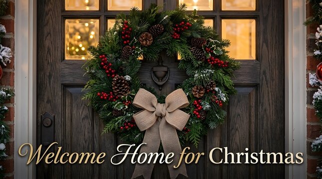Festive christmas wreath with a decorative burlap bow hanging on a rustic wooden front door at night