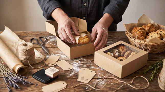 Baker packing freshly baked cookies and pastries into eco friendly craft paper boxes on rustic wooden table