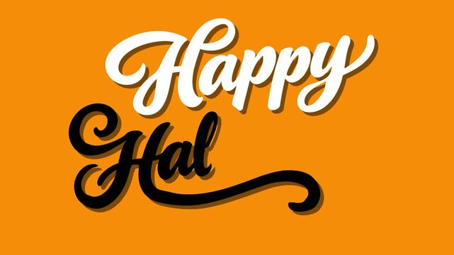 Happy Halloween calligraphy animated autumn holiday greeting writing white and black cursive text in 4k on orange background.