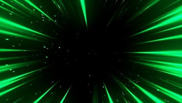 Abstract green light speed lines background with glowing particles