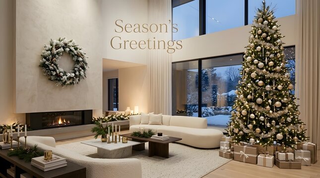 Modern luxury living room interior decorated with a tall christmas tree and festive wreath for the holiday season