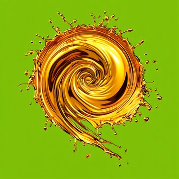 Abstract golden liquid swirl with dynamic splashes isolated on a green background