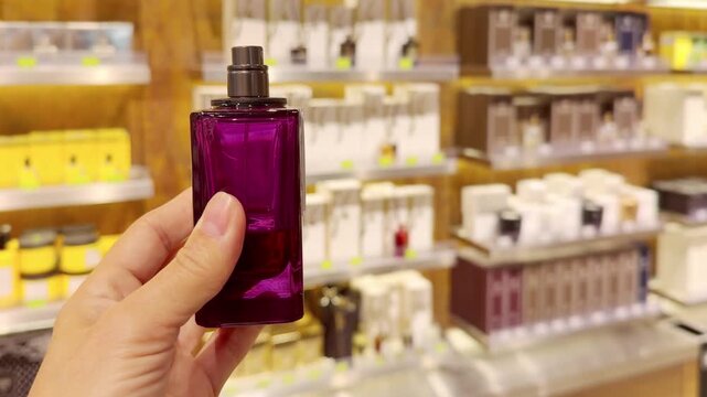 Perfume and Eau de Toilette Bottles on Display in Cosmetics Store &ndash; Fragrance Products on Shelf with Blurred Perfume Background