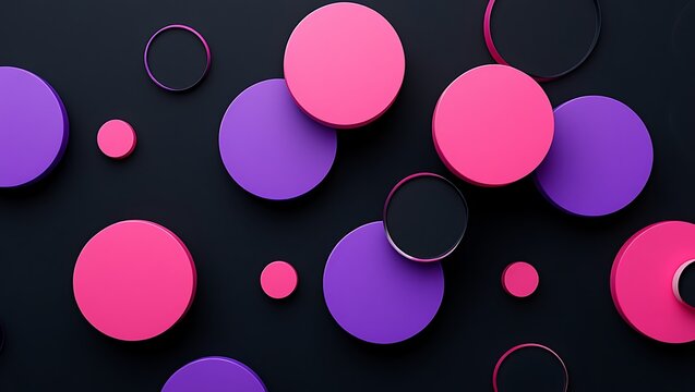 Abstract 3d background with floating pink and purple circles on dark surface