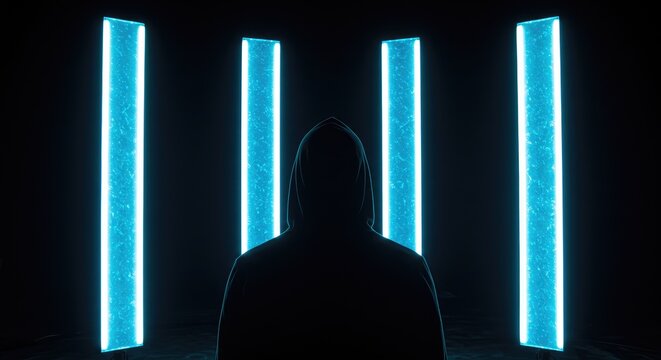 Mysterious hacker silhouette standing between glowing blue vertical screens in dark futuristic setting