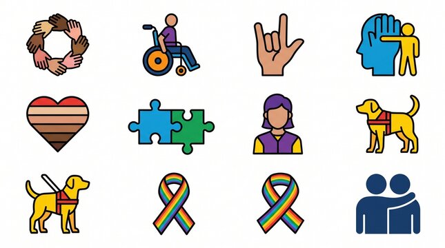Colorful flat vector icon set celebrating human rights, diversity, and social inclusion, featuring multiethnic hands, wheelchair user, autism puzzle piece, rainbow ribbon, and guide dog.
